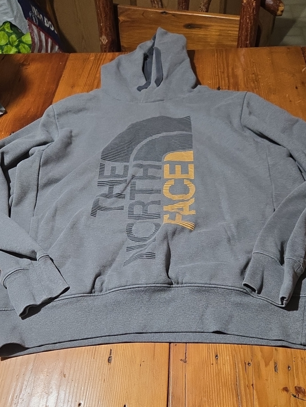 The North Face Men's Slate Gray Hoodie with Yellow Logo Accent Sz L